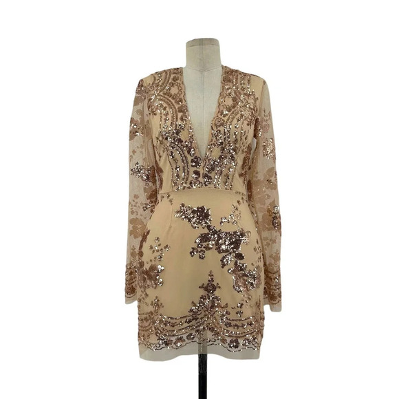 Superdown Jessa Deep V Mini Dress in Rose Gold / Beige Size Small‎ - Picture 2 of 11